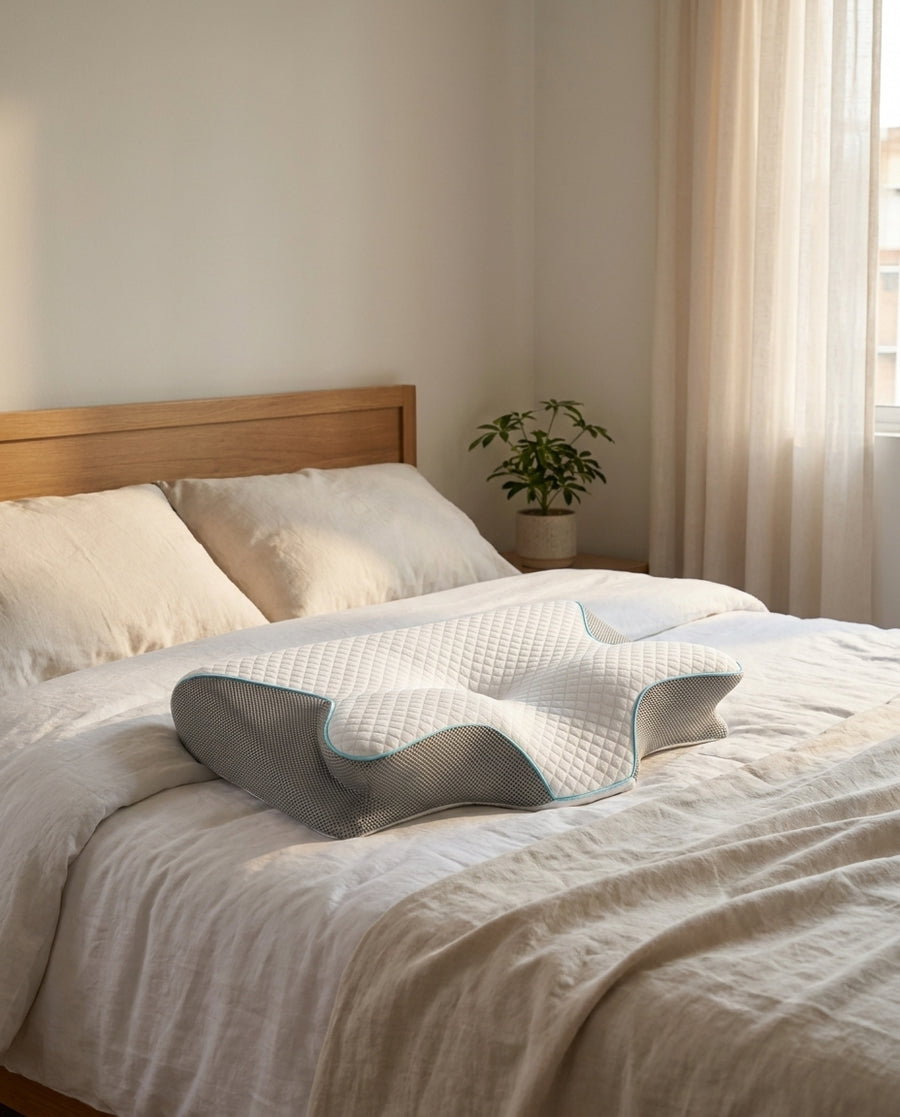 Almohada cervical mariposa sobre una cama tendida con luz de mañana