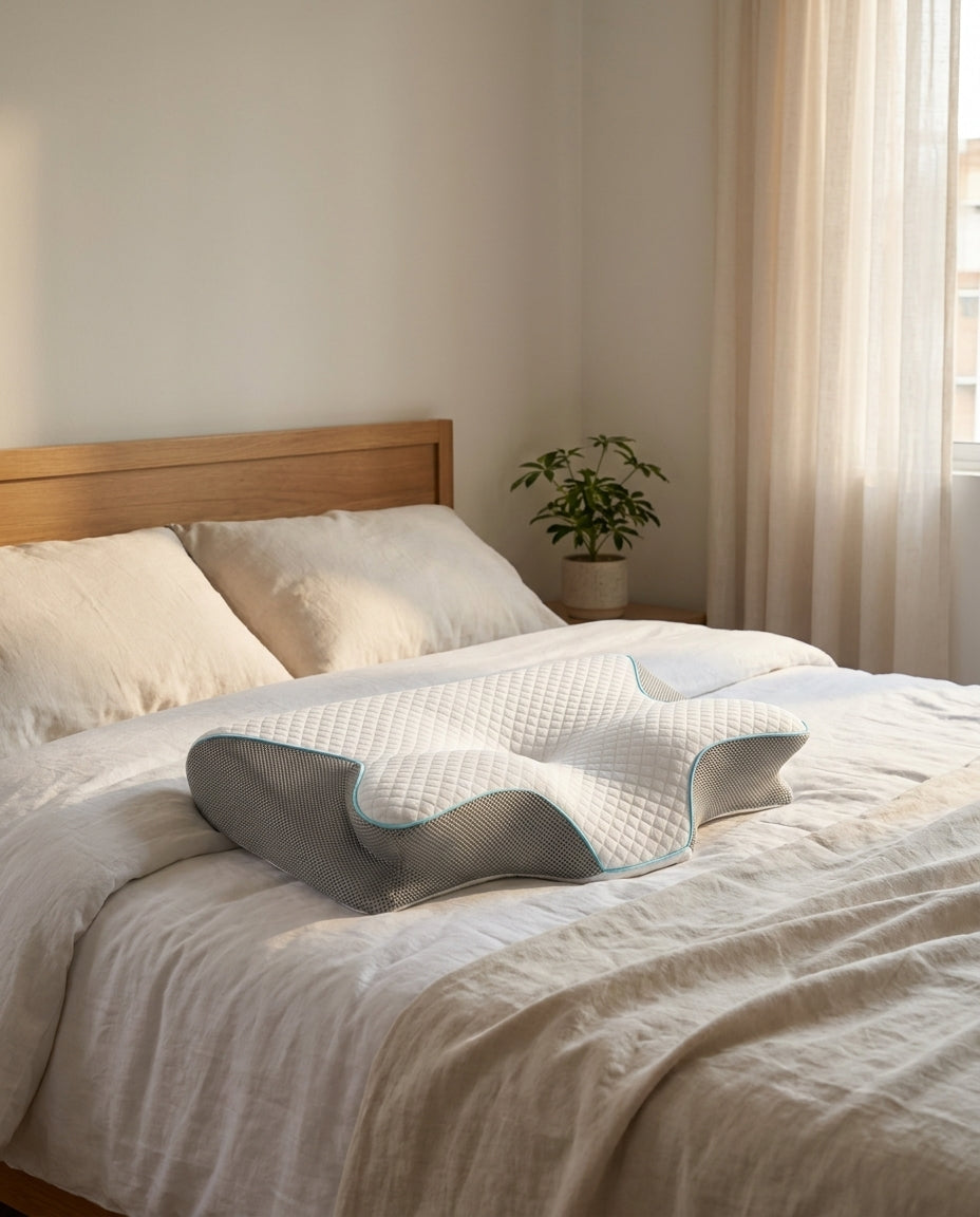 Almohada cervical mariposa sobre una cama tendida con luz de mañana