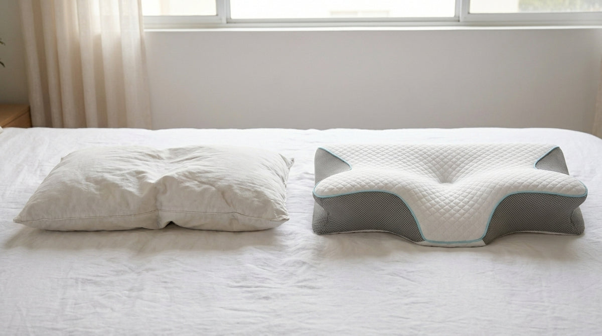 Una almohada normal aplastada al lado de la almohada mariposa sobre una cama